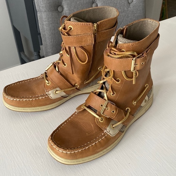 Sperry Top Sider Leather Upper Boots Gold Laces Lace Up Double Buckle Like New - Picture 4 of 17